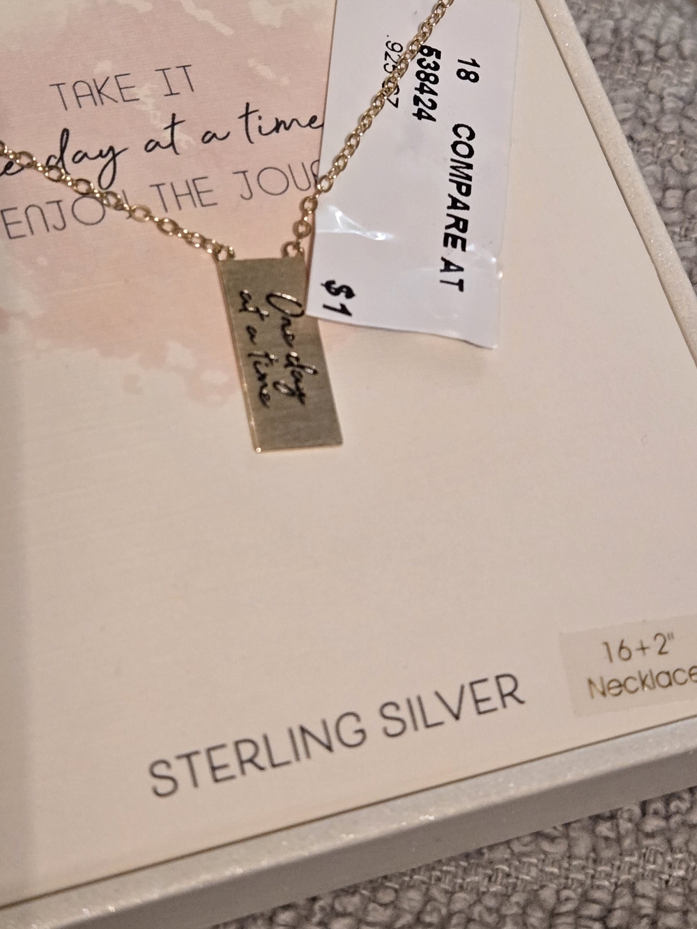 Sterling Silver Gold-Tone Inspirational Bar Necklace - 'One Day at a Time'
